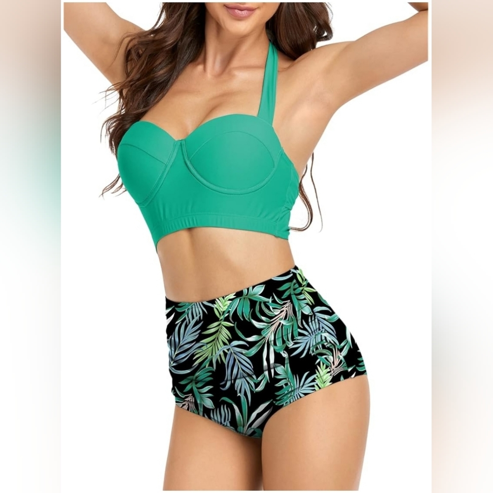 Women's vintage bikini green leaves halter high waist swim suit size sma…